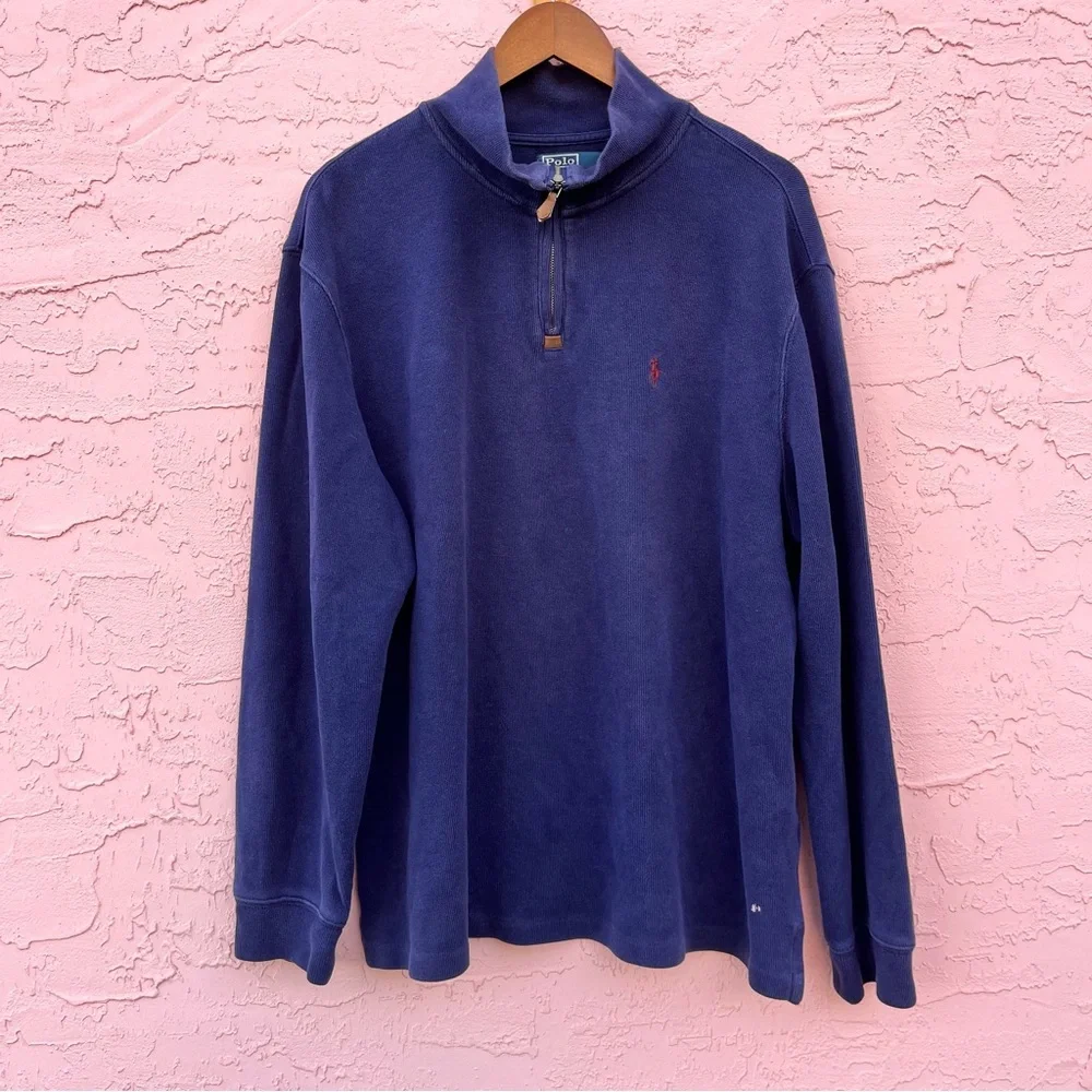 Vintage Polo Ralph Lauren Ribbed 1/4 Zip Navy Blue Cotton Adult Size XL Flaw